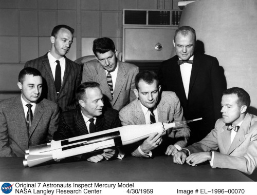 Project Mercury Astronauts Inspect Mercury Model After They Were Introduced To The American Public In April 1959. From Left History - Item # VAREVCHISL010EC209