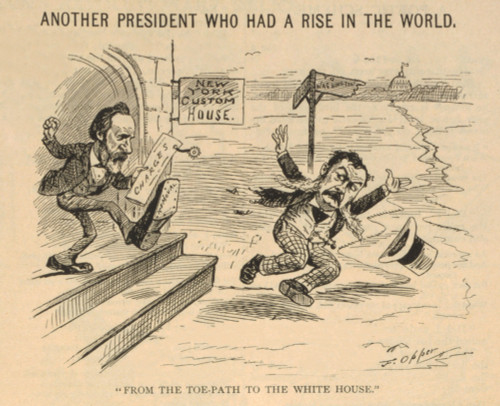 Political Cartoon Showing Chester Arthur Kicked Out Of The New York Custom House By President Hayes. A Sign Points To Washington History - Item # VAREVCHISL045EC934