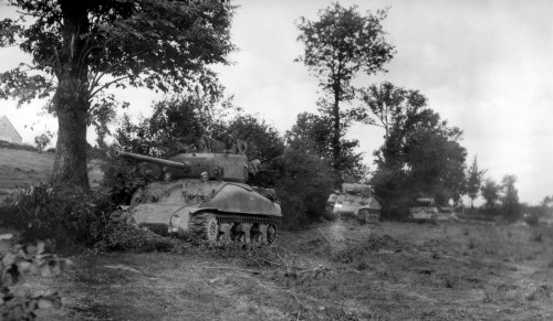 Four U.S. Sherman Tanks Hiding In A Norman Hedgerow During The Battle Of The Falaise Pocket. August 3-7 History - Item # VAREVCHISL037EC113