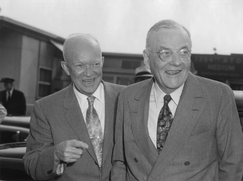 President Eisenhower With Secretary Of State John Foster Dulles At Washington Airport. The President Was Seeing Dulles Off For European Trip. July 25 History - Item # VAREVCHISL038EC946