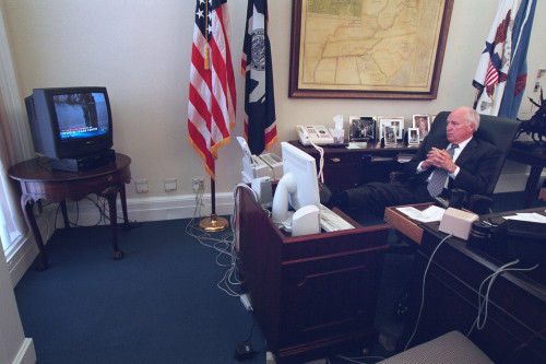 Vp Dick Cheney Watching The Burning World Trade Center In A White House Office On Sept. 11 History - Item # VAREVCHISL040EC613