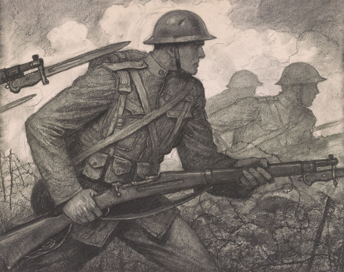 American Soldiers Ww1 Soldiers Advancing Through Barbed Wire With Rifles And Fixed Bayonets. 1918 Charcoal Drawing By American Artist History - Item # VAREVCHISL044EC260
