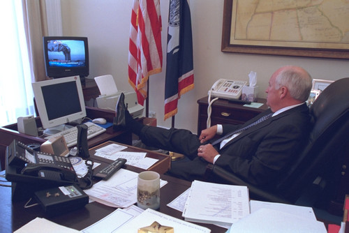 Vp Dick Cheney Watching The Burning World Trade Center In A White House Office On Sept. 11 History - Item # VAREVCHISL040EC614