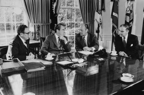 Gerald Ford Meeting With President Nixon Regarding His Nomination As Vice President. Secretary Of State Kissinger Left And Chief Of Staff Alexander Haig Right Attended. Oct. 13 1973 History - Item # VAREVCHISL032EC252