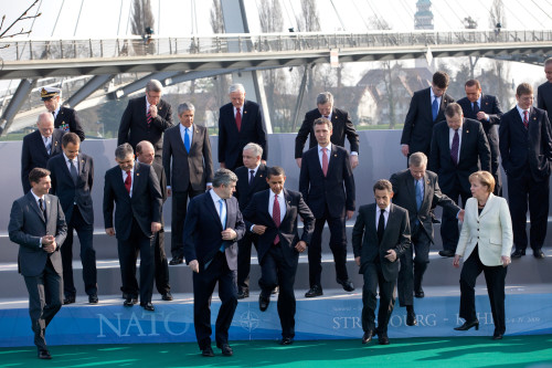 President Obama Nato Secretary General Jaap De Hoop Scheffer Between Sarkozy And Merkel And Fellow Nato Leaders Step Down From A Photo Platform In Strasbourg France. April 4 2009. History - Item # VAREVCHISL026EC194 President Obama Nato Secretary General Jaap De Hoop Scheffer Between Sarkozy And Merkel And Fellow Nato Leaders Step Down From A Photo Platform In Strasbourg France. April 4 2009. History - Item # VAREVCHISL026EC194