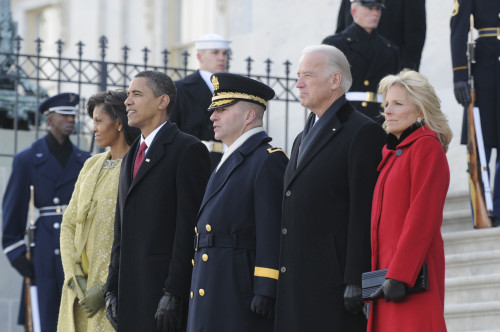 Newly Inaugurated President Obama The New First Lady And Vice President And Jill Biden Watch A Military Review With Major Gen. Richard J. Rowe At The East Front Of The U.S. Capitol. Jan. 20. 2009. History - Item # VAREVCHISL026EC177