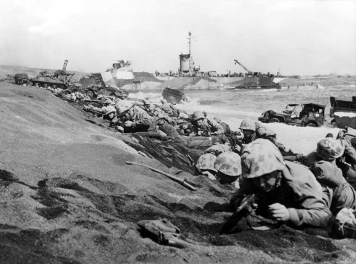 Iwo Jima--Marines Of The Fourth Division Pinned Down By Enemy Fire As They Hit The Beach At Iwo Jima On D-Day. 22745.. Courtesy Csu Archives  Everett Collection History - Item # VAREVCHBDWWIICS006