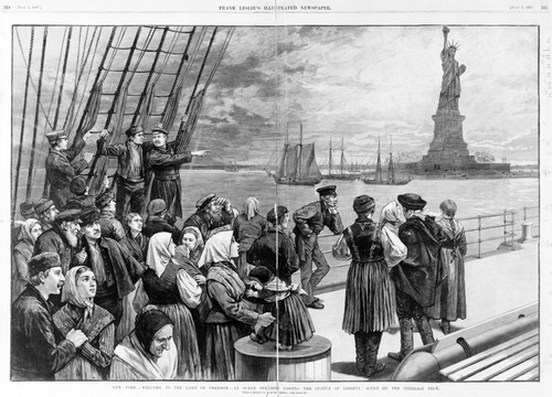 Statue Of Liberty. Welcome To The Land Of Freedom - An Ocean Steamer Passing The Statue Of Liberty Scene On The Steerage Deck. Engraving Ca. 1887 History - Item # VAREVCHCDLCGCEC511