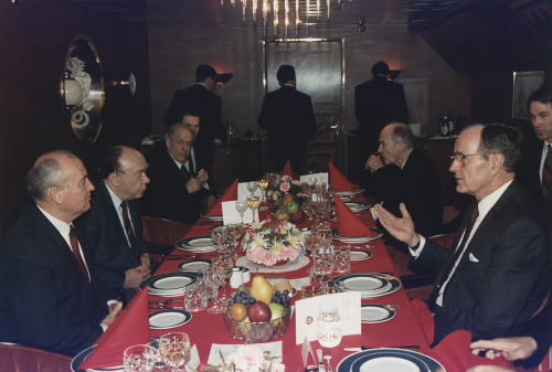 Presidents George Bush Has Lunch With Mikhail Gorbachev Aboard The Soviet Cruise Ship 'Maxim Gorky' During The Malta Summit. Dec. 2 1989. History - Item # VAREVCHISL023EC233