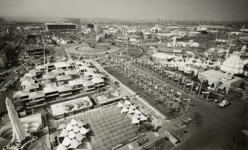 Aerial View Of Unisphere And Other Exhibits At New York World'S Fair In 1964. In The Far Background Is The Then New Shea Stadium. History - Item # VAREVCHISL033EC821