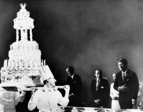 Huge Birthday Cake For President John Kennedy. The Celebrity Studded Democratic Fund Raising Rally Featured Marilyn Monroe Singing Happy Birthday To Jfk. With The President From Right Are Anne Rosenberg History - Item # VAREVCCSUA001CS241