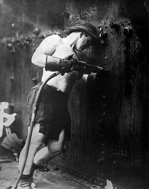 Muscular Riveter At Work At Hog Island Shipyard During World War I. Philadelphia History - Item # VAREVCHISL034EC682