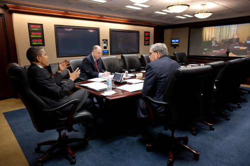 President Obama National Security Advisor Tom Donilon And Gen. Doug Lute Hold A Teleconference With President Hamid Karzai Of Afghanistan. April 6 2011. History - Item # VAREVCHISL026EC204