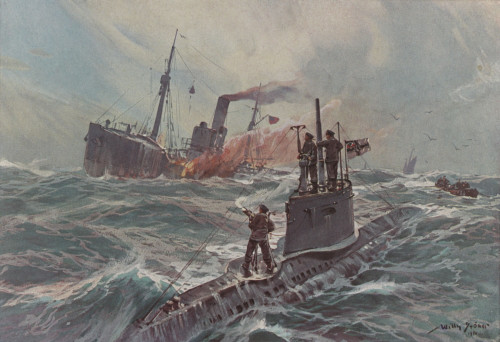 German Submarine Attacking An English Merchant Ship. 1916 Painting By Willy Stower. Mid-Size Ship Is Attacked With The Deck Gun Of The Submarine History - Item # VAREVCHISL043EC352