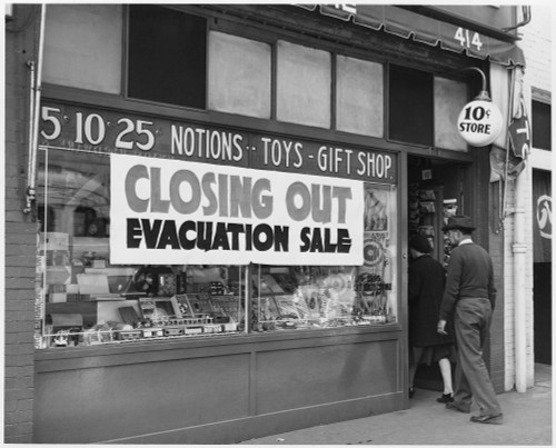 Evacuation Sale' Sign On A Japanese-American Store In Preparation For World War Ii Relocation. Internees Were Given Little Notice And Forced To Abandon Or Sell Their Businesses At Heavy Losses. History - Item # VAREVCHISL020EC199