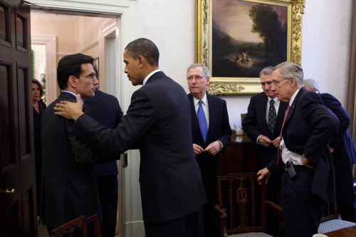 The President Talks With Republican Majority Leader Eric Cantor At The End Of A Bipartisan Meeting At The White House. At Obama'S Right Stand Senate Leaders Mitch Mcconnell And Harry Reid. History - Item # VAREVCHISL026EC135 The President Talks With Republican Majority Leader Eric Cantor At The End Of A Bipartisan Meeting At The White House. At Obama'S Right Stand Senate Leaders Mitch Mcconnell And Harry Reid. History - Item # VAREVCHISL026EC135