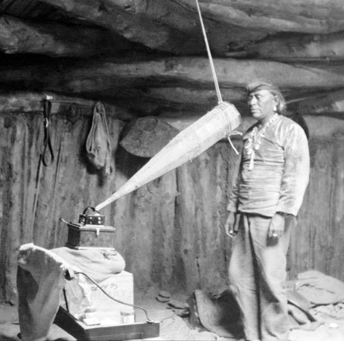 Native American Having His Voice Recorded. Original Caption Reads 'Miguelito History - Item # VAREVCHCDLCGAEC082