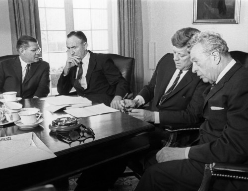 1963 Test Ban Treaty. President John Kennedy Meets With Senate Leaders To Get Bipartisan Support For The Nuclear Test Ban Treaty. L-R Secy Of Defense History - Item # VAREVCCSUA001CS262