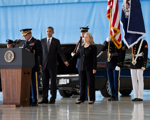 President Barack Obama Holds Hands With Sec. Of State Hillary Rodham Clinton At Andrews Field History - Item # VAREVCHISL040EC254