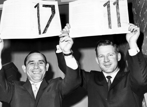 Yogi Berra And Whitey Ford Hold Up Their 17Th And 11Th Contracts With The Yankees History - Item # VAREVCHBDYOBECS005
