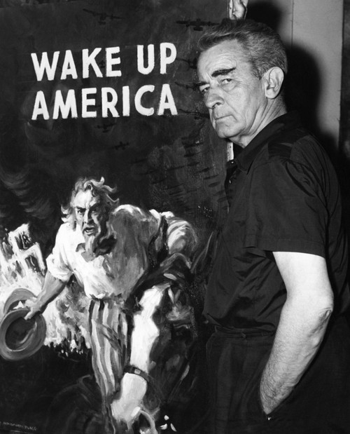 American Artist And Cartoonist James Montgomery Flagg Stands Next To His Poster For The Wake Up America Committee History - Item # VAREVCPBDJAFLCS003