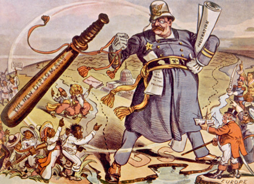President Theodore Roosevelt Shown Deploying His New Diplomacy Of 'Speak Softly And Carry A Big Stick' In Political Cartoon From Puck History - Item # VAREVCP4DTHROEC008