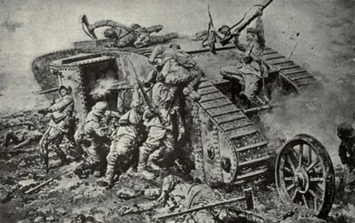 World War 1 Tanks. German Soldiers Attack On A British Tank. Tanks Had Blind Spots And Were Vulnerable To Grenades. Germans Developed Special Bullets And Anti-Tank Rifles. Drawing Ca. 1916-18. History - Item # VAREVCHISL043EC954