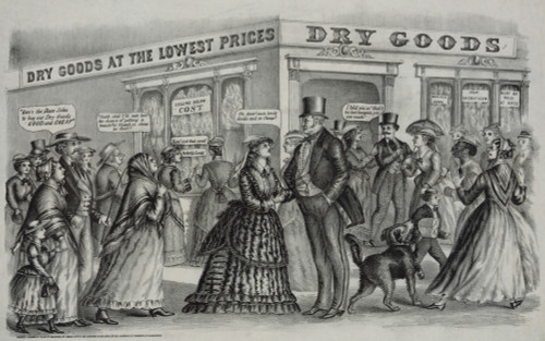 Stock Poster Illustration Depicting Very Satisfied Customers Outside An Urban Dry Goods Store. Shoppers Include Adults In Fashionable Dress Children An Elderly Women In A Shawl And An African American Women. History ( - Item # VAREVCHISL023EC278