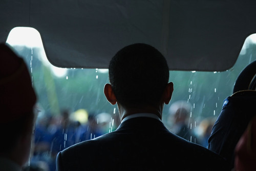 President Barack Obama In The Rain At A Memorial Day Ceremony At Abraham Lincoln National Cemetery Elwood Illinois. May 31 2010. History - Item # VAREVCHISL025EC151