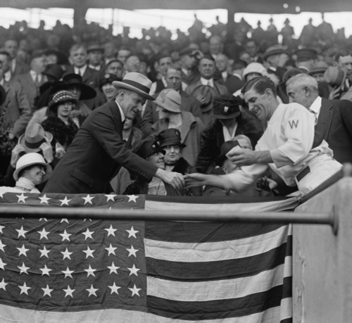 Bucky Harris Presents President Calvin Coolidge With Baseball Used To Open The 1924 World Series. Oct. 4 History - Item # VAREVCHISL041EC271