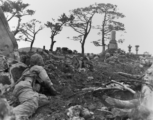 Marines Pinned Down Behind Gravestones By Japanese Snipers During The Battle Of Okinawa. June 1 History - Item # VAREVCHISL036EC680