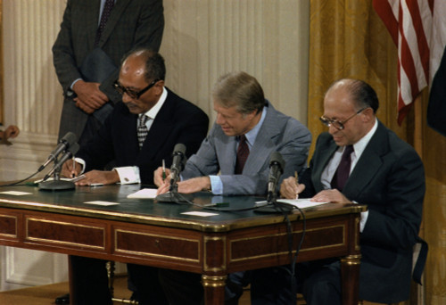 Anwar Sadat Jimmy Carter And Menahem Begin At The Camp David Accords Signing Ceremony Which Lead To A Peace Treaty Between Egypt And Israel. Sept. 17 1978. History - Item # VAREVCHISL029EC185
