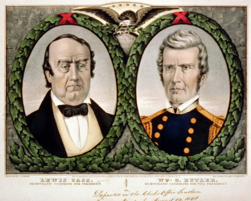 Lewis Cass. Color Campaign Banner For Democratic Candidates Lewis Cass And William O. Butler. Color Lithograph Ca. 1848 History - Item # VAREVCHCDLCGCEC995