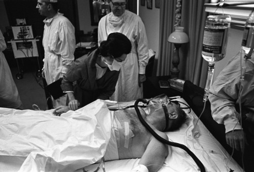 President Johnson After Surgery. Lady Bird Johnson Speaks With President Johnson Following Gall Bladder Surgery At Bethesda Naval Hospital. Oct. 8 History - Item # VAREVCHISL033EC393
