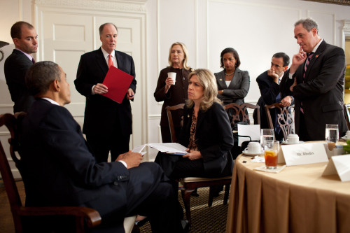 President Barack Obama Meets With Advisors Before A Meeting With Pm David Cameron Of Britain. Waldorf Astoria Hotel In New York History - Item # VAREVCHISL039EC743