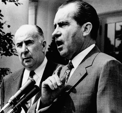 President Richard Nixon And Attorney General John Mitchell Addressing A Group Of Visiting Us Attorneys At The White House. Nixon Criticized Congress For Not Yet Passing His Crime Legislation. June 11 History - Item # VAREVCCSUA000CS529