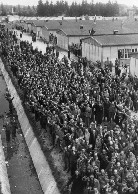 Prisoners At Dachau Shout A Greeting To Liberating Troops Of The Seventh Us Army'S 42Nd Division. They Crowd Between Their Barracks And The Edge Of The Moat Which Rans Along The Wire Fence Of The Camp. April 29 History - Item # VAREVCHISL040EC185