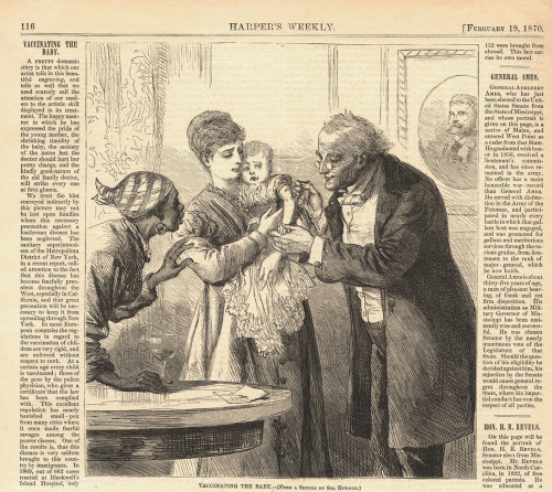 Vaccinating The Baby Against Smallpox In New York Ca. 1870. The Baby Is Held By Its Mother As An African American Women Observes With Concern. Wood Engraving From Harper'S Weekly. History - Item # VAREVCHISL015EC045
