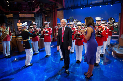 First Lady Michelle Obama Surprises David Letterman With The United States Marine Band. They Were Taping For The Final 'The Late Show With David Letterman' In New York City History - Item # VAREVCHISL040EC209