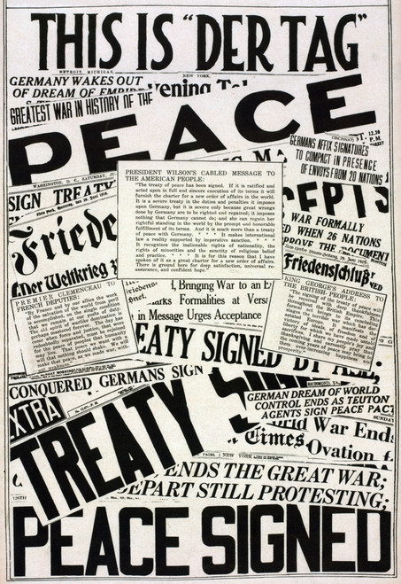 World War 1. The Collage Of Newspaper Headlines And Articles Announcing The Signing Of The Versailles Peace Treaty. It Includes Statements From President Wilson History - Item # VAREVCHISL034EC899 World War 1. The Collage Of Newspaper Headlines And Articles Announcing The Signing Of The Versailles Peace Treaty. It Includes Statements From President Wilson History - Item # VAREVCHISL034EC899