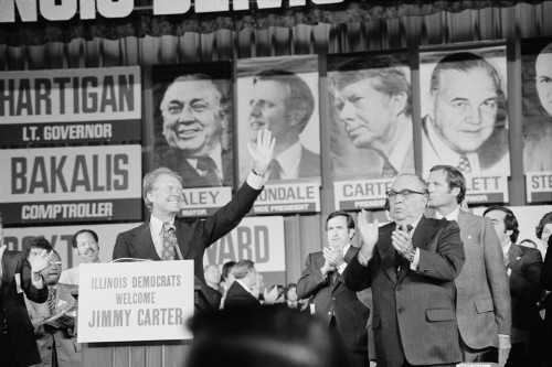 Jimmy Carter And Mayor Richard J. Daley At The Illinois State Democratic Convention In Chicago Illinois. Sept. 9. 1976. History - Item # VAREVCHISL029EC157