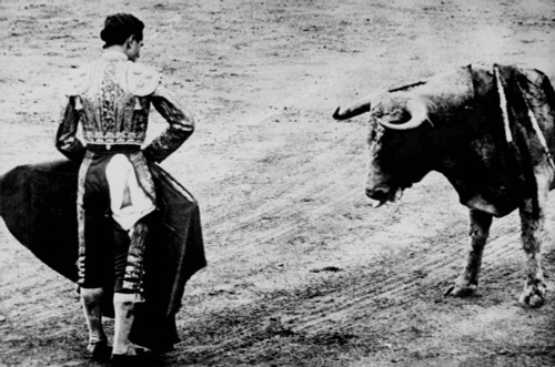 Spanish Matador Emilio Redondo Holds Cape Before A Bull. Ca. 1960. History - Item # VAREVCHISL022EC191