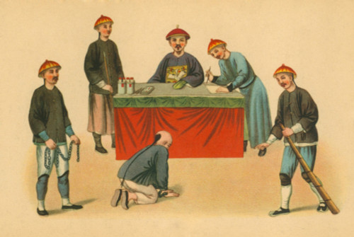 Court Hearing In Imperial China. Defendant Kneels Under Guard Before A Magistrate. Ca. 1800. History - Item # VAREVCHISL018EC143