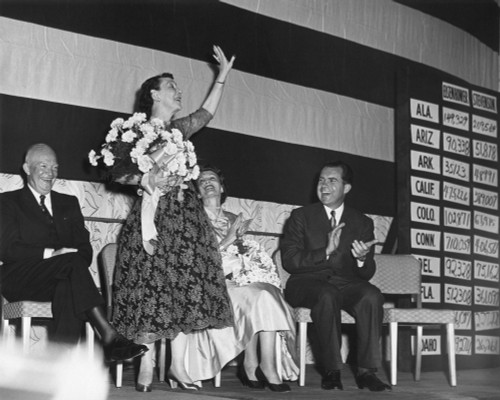 Mamie Eisenhower Waves To The Republican Crowd At The Election Night Victory Party. President Eisenhower Is Seated With Pat And Richard Nixon. - History - Item # VAREVCHISL038EC937