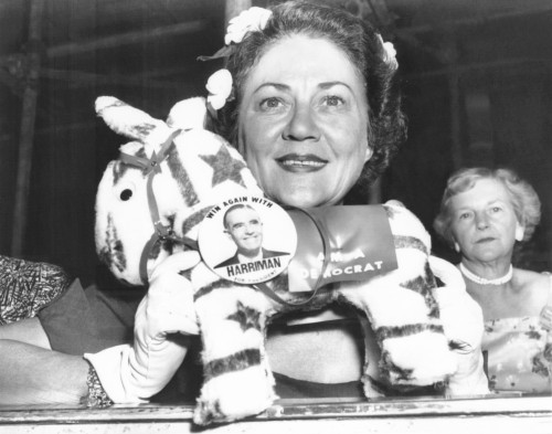 Mrs. Averill Harriman Poses With A Toy Donkey Wearing A 'Harriman For President' Button. Aug. 14 History - Item # VAREVCCSUB001CS267