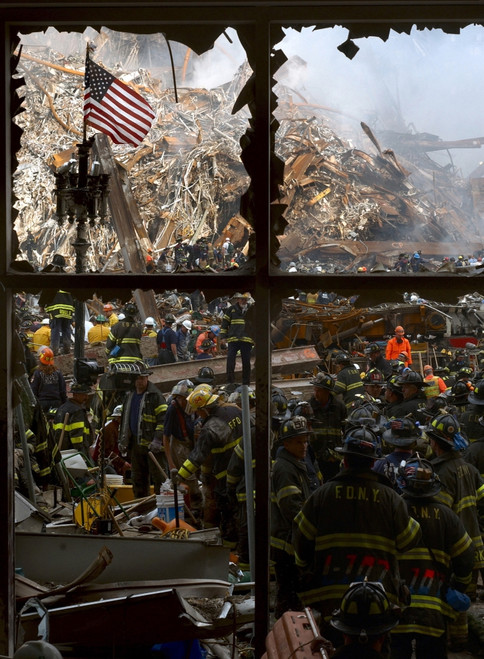 Seen Through A Broken Window New York City Firemen And Rescue Workers Work Their Way Toward The Pile Of Burning Ruins Of The World Trade Center In New York City On Sept. 14 2001 History - Item # VAREVCHISL024EC218
