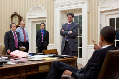 President Obama Talking With His Financial Advisors During The Partisan Budget Fight. L To R Gene Sperling Phil Schiliro Bruce Reed And Jack Lew. April 8 2011. History - Item # VAREVCHISL027EC143