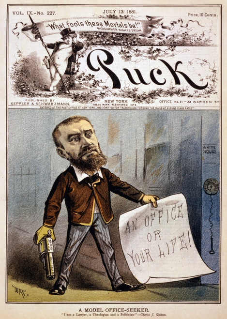 Cartoon Showing Presidential Assassin Charles J. Guiteau Holding Pistol And Paper Reading An Office Or Your Life 1881 History - Item # VAREVCHISL031EC300