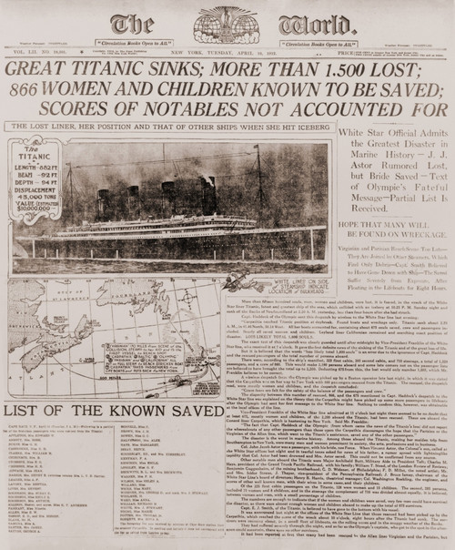 Front Page Of The New York World Of April16 History - Item # VAREVCHISL011EC287