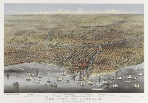 The City Of Chicago In 1874. Bird'S-Eye View Of Chicago Illinois From Above Lake Michigan Prominent Features Listed Below Image. History - Item # VAREVCHISL031EC138